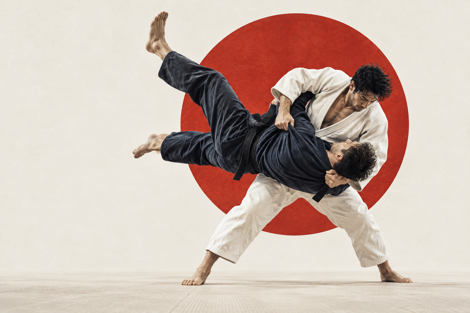 Concept artwork of two judoka executing a throw against a red sun